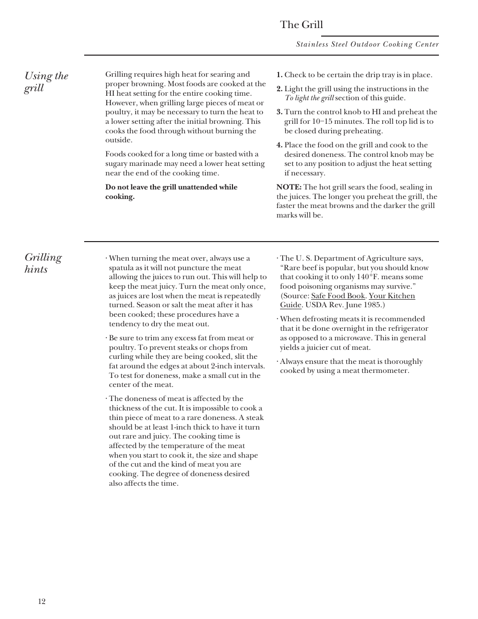 Grilling hints, The grill, Using the grill | GE Monogram Gas Grill User Manual | Page 12 / 32