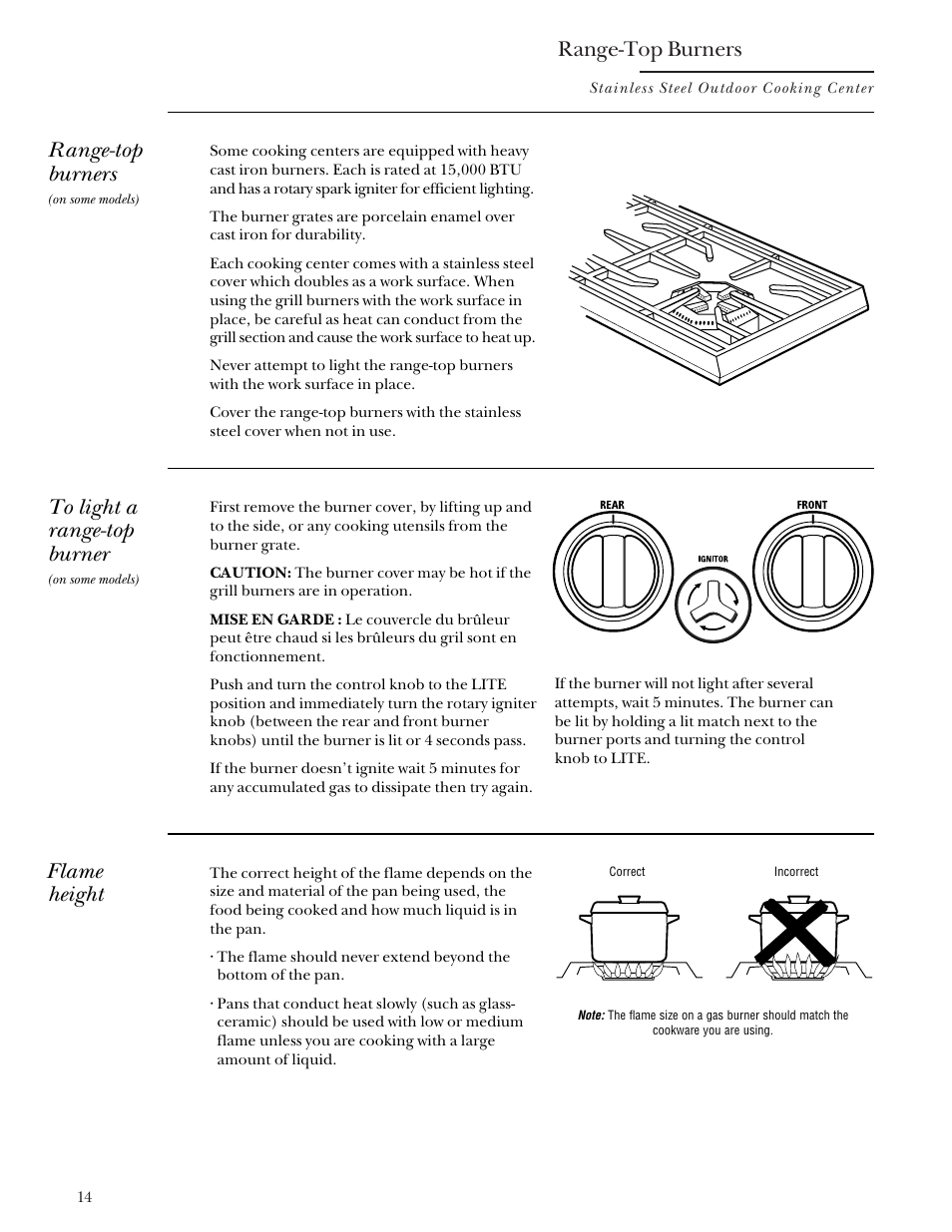 Range-top burners, Flame height | GE Monogram Gas Grill User Manual | Page 14 / 32