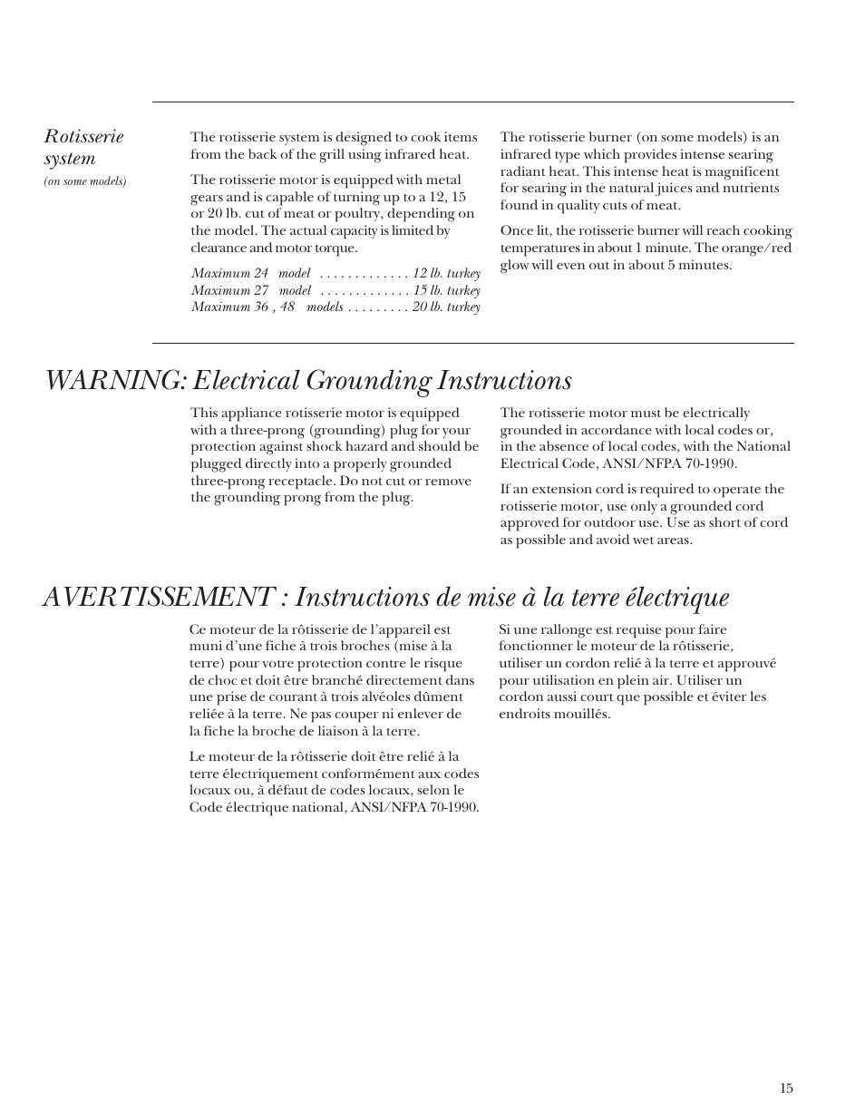 Rotisserie, Rotisserie –18, Warning: electrical grounding instructions | Rotisserie system | GE Monogram Gas Grill User Manual | Page 15 / 32