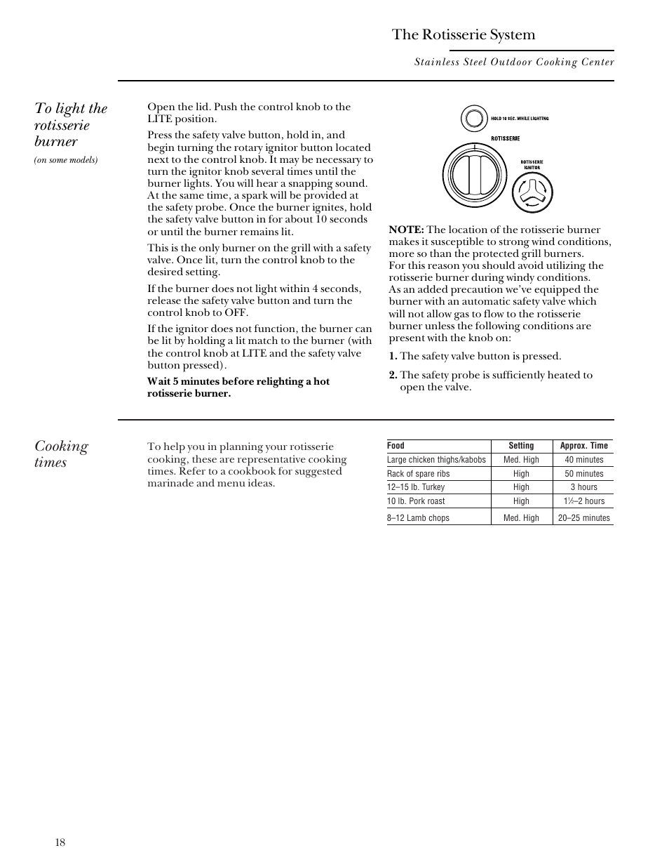 Cooking times, The rotisserie system | GE Monogram Gas Grill User Manual | Page 18 / 32