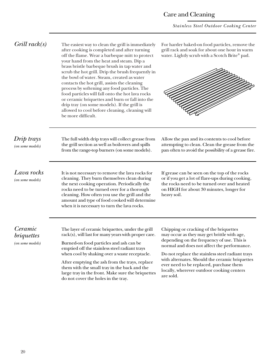 Ceramic briquettes, Drip trays, Grill rack(s) | Lava rocks, Drip trays grill rack(s) lava rocks, Grill rack(s) drip trays, Care and cleaning | GE Monogram Gas Grill User Manual | Page 20 / 32