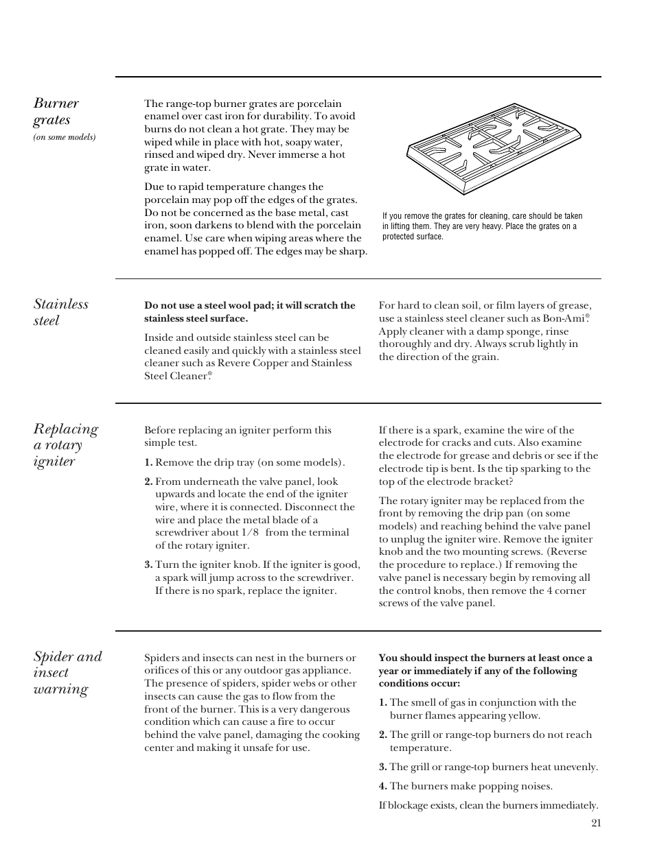 Burner grates, Rotary igniter, Spider and insect warning | Stainless steel, Spider and insect warning stainless steel, Replacing a rotary igniter | GE Monogram Gas Grill User Manual | Page 21 / 32