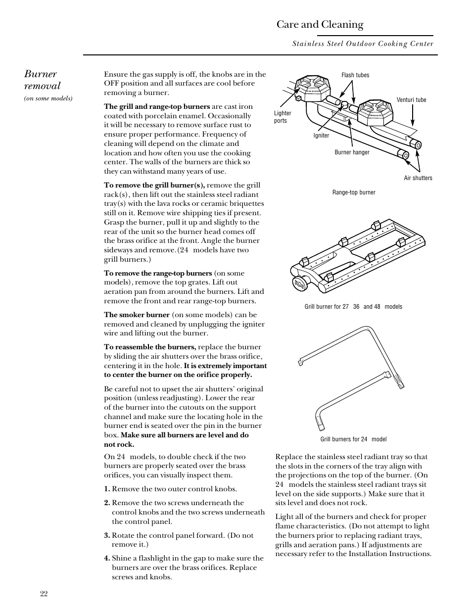 Burners, Burners , 23, Burner removal | Care and cleaning | GE Monogram Gas Grill User Manual | Page 22 / 32