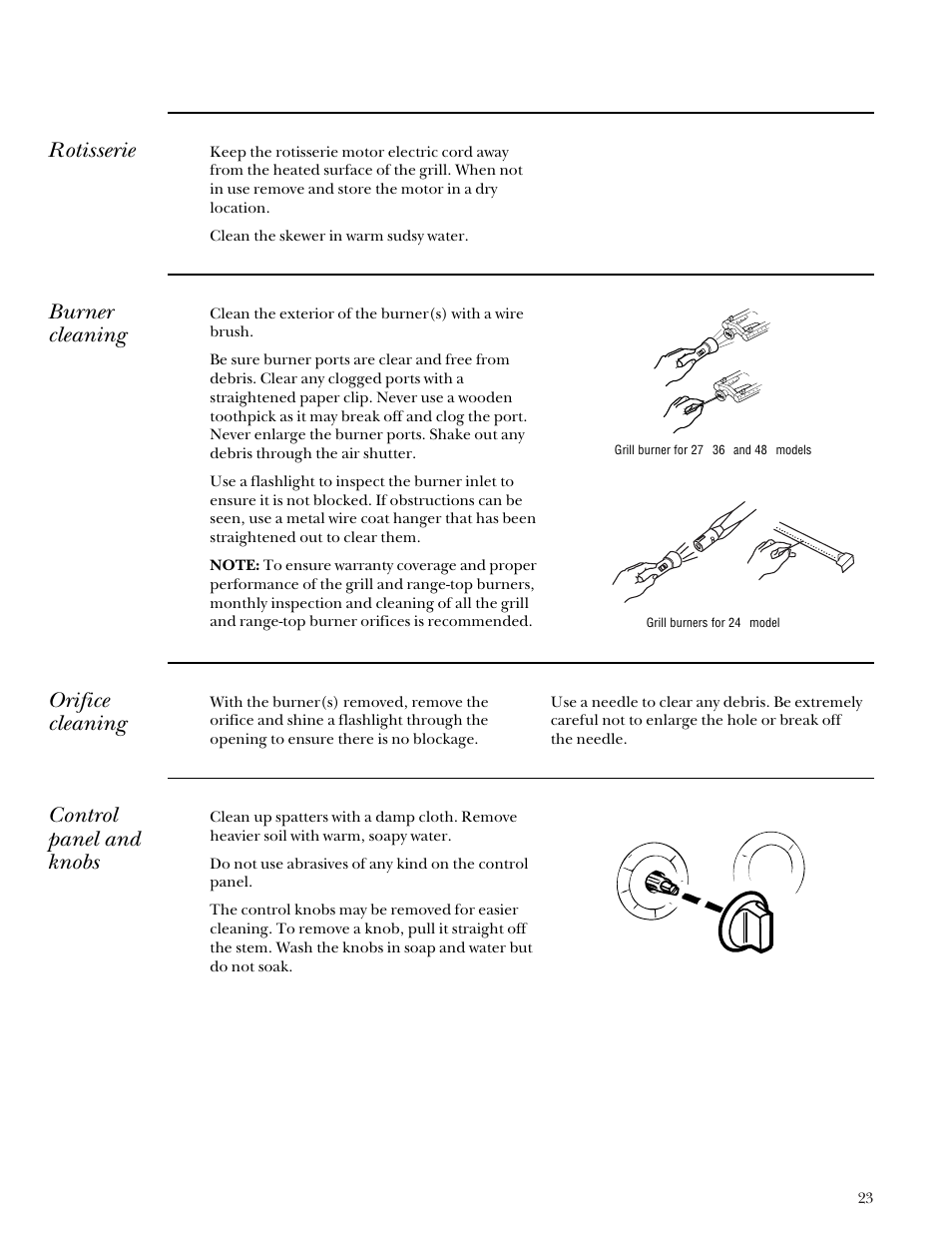 Control panel and knobs, Orifice cleaning, Rotisserie | Burner cleaning | GE Monogram Gas Grill User Manual | Page 23 / 32
