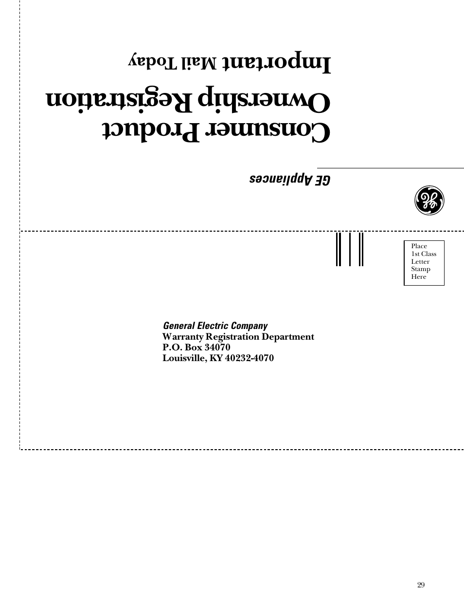 Consumer product ownership registration, Important, Mail t oday | GE Monogram Gas Grill User Manual | Page 29 / 32