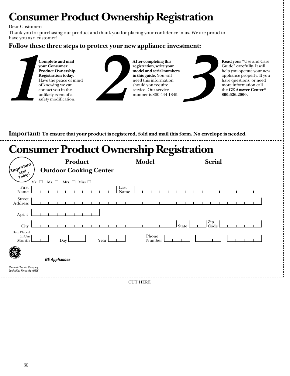 Consumer product ownership registration | GE Monogram Gas Grill User Manual | Page 30 / 32
