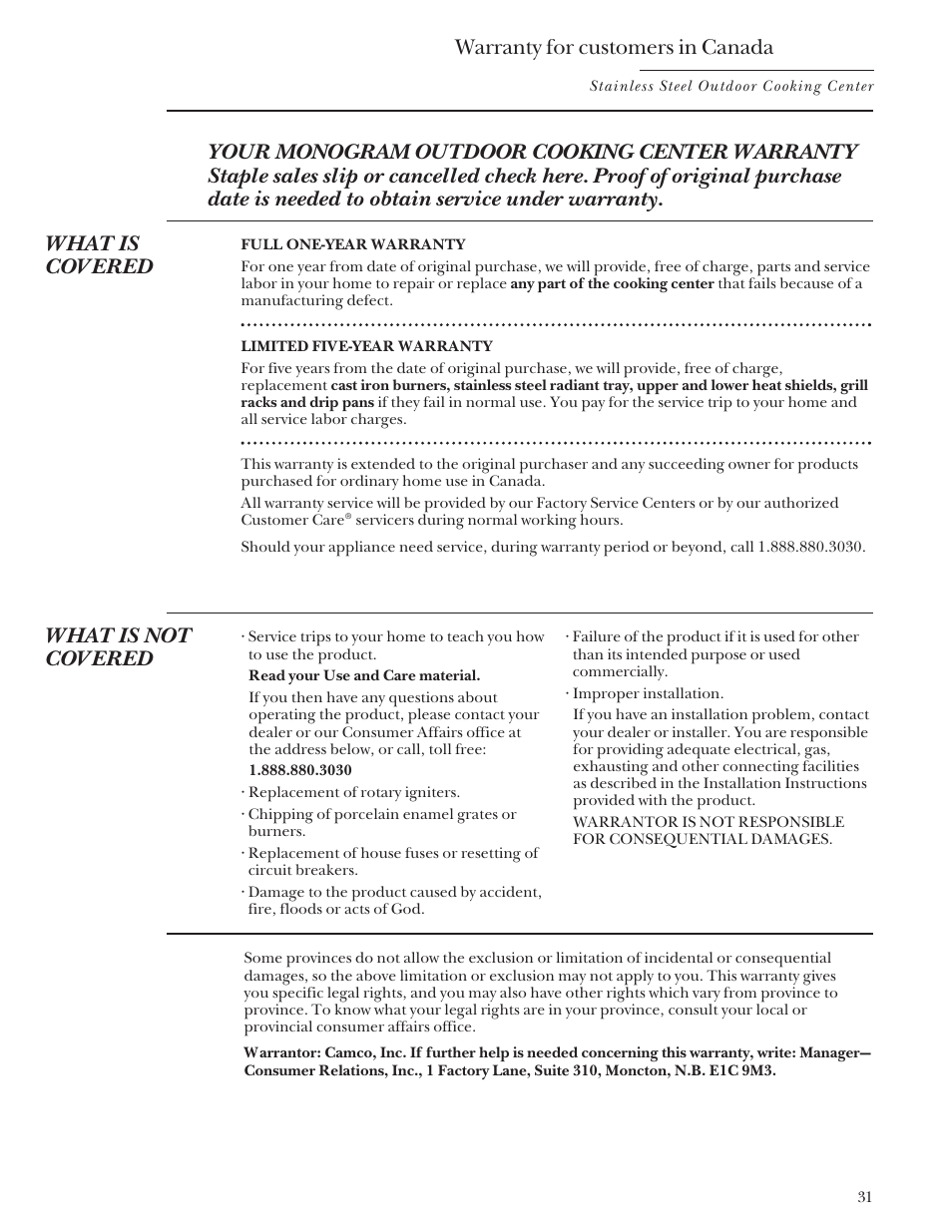 Warranty for customers in canada, What is not covered | GE Monogram Gas Grill User Manual | Page 31 / 32