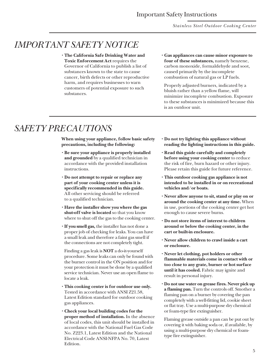Important safety notice, Safety precautions, Important safety instructions | GE Monogram Gas Grill User Manual | Page 5 / 32
