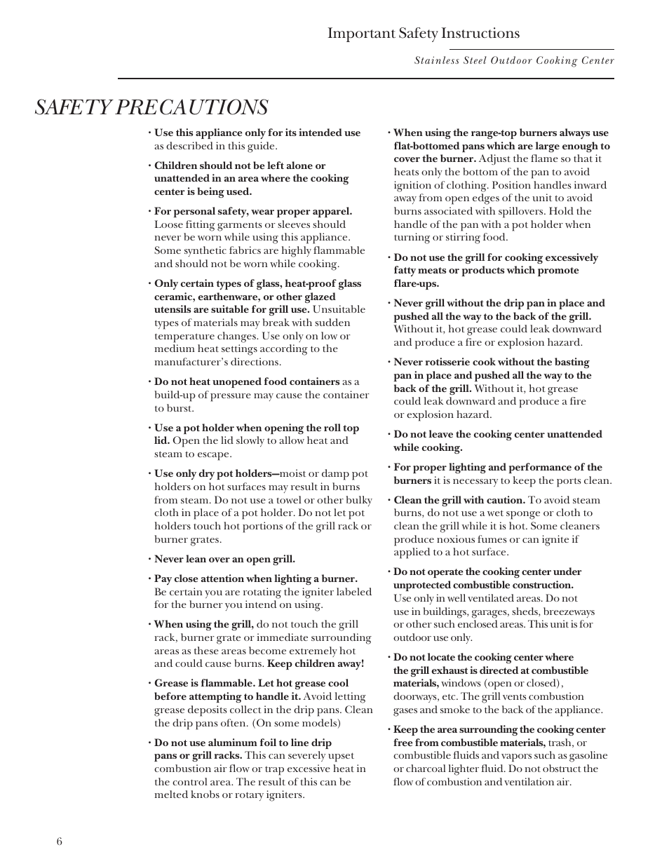 Safety precautions, Important safety instructions | GE Monogram Gas Grill User Manual | Page 6 / 32
