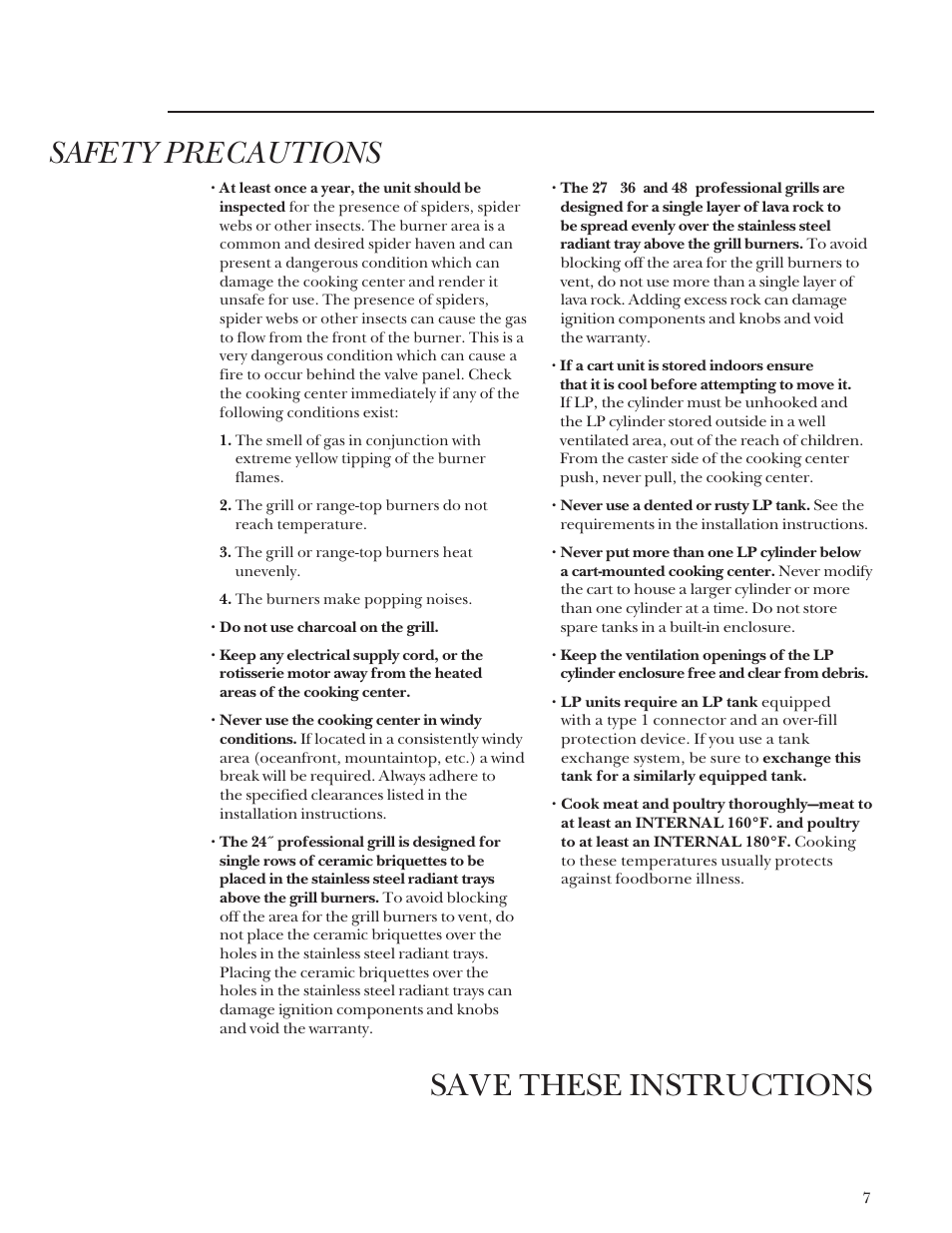 Save these instructions, Safety precautions | GE Monogram Gas Grill User Manual | Page 7 / 32