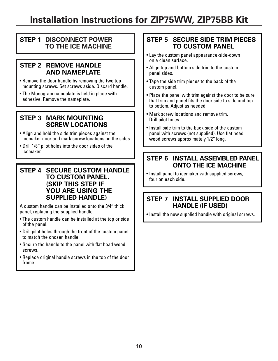 Installation instructions for zip75ww, zip75bb kit | GE Monogram ZDI15 User Manual | Page 10 / 12