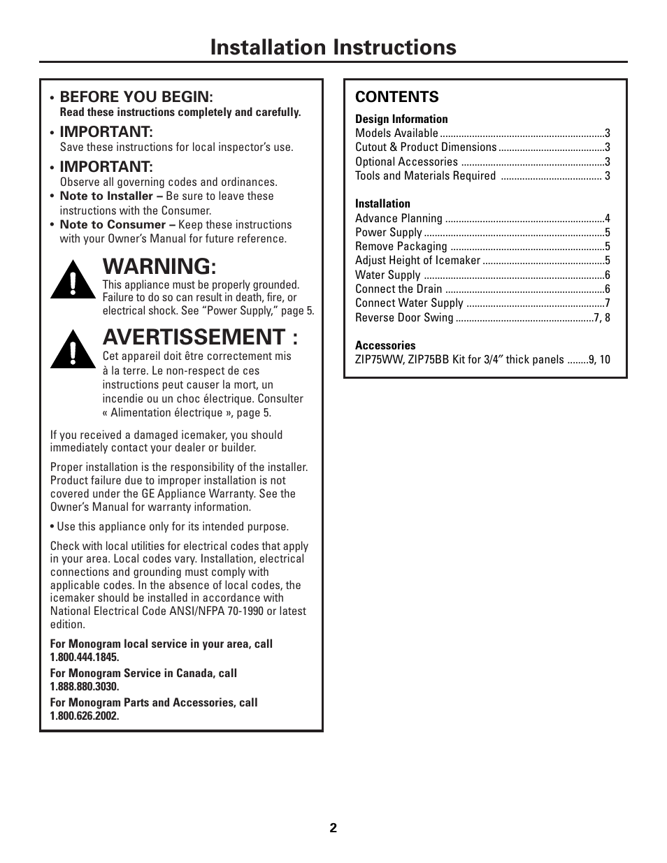 Design information, Installation, Accessories | Installation instructions, Warning, Avertissement | GE Monogram ZDI15 User Manual | Page 2 / 12