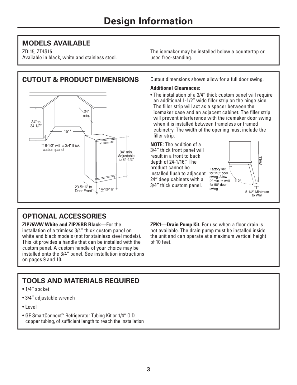 Models available, Cutout & product dimensions, Optional accessories | Tools and materials required, Design information | GE Monogram ZDI15 User Manual | Page 3 / 12