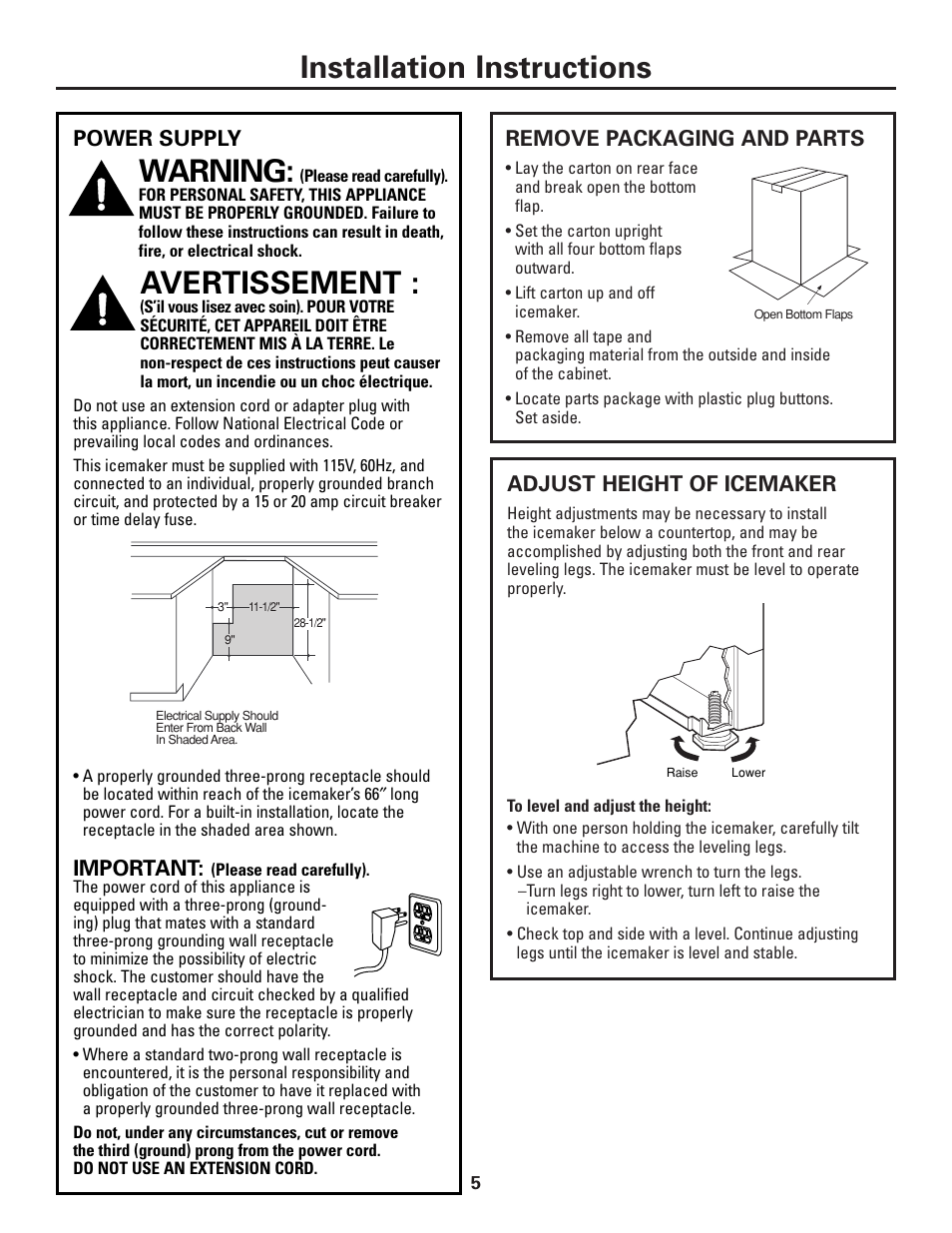 Power supply, Remove packaging, Adjust height of icemaker | Installation instructions, Warning, Avertissement, Remove packaging and parts, Important | GE Monogram ZDI15 User Manual | Page 5 / 12