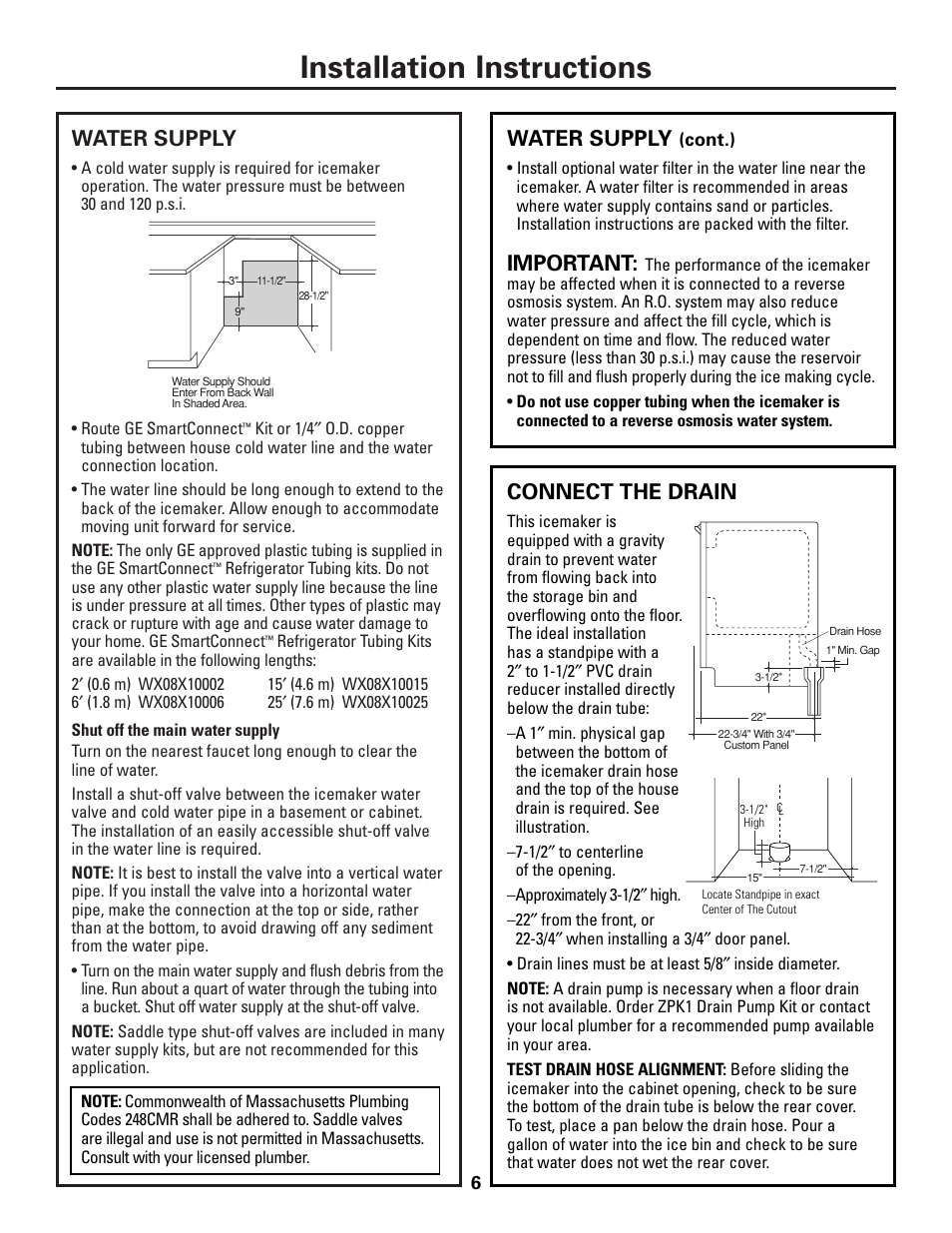 Water supply, Connect the drain, Water supply connect the drain | Installation instructions, Important | GE Monogram ZDI15 User Manual | Page 6 / 12