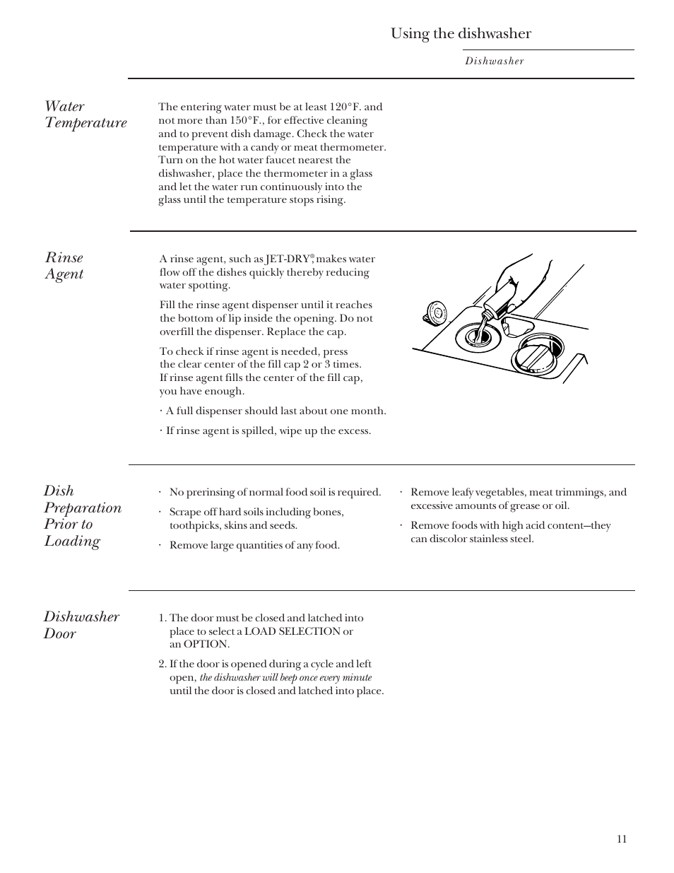 Using the dishwasher, Using the dishwasher , 12, Water temperature | Rinse agent, Dish preparation prior to loading, Dishwasher door | GE Monogram ZBD4200 User Manual | Page 11 / 24