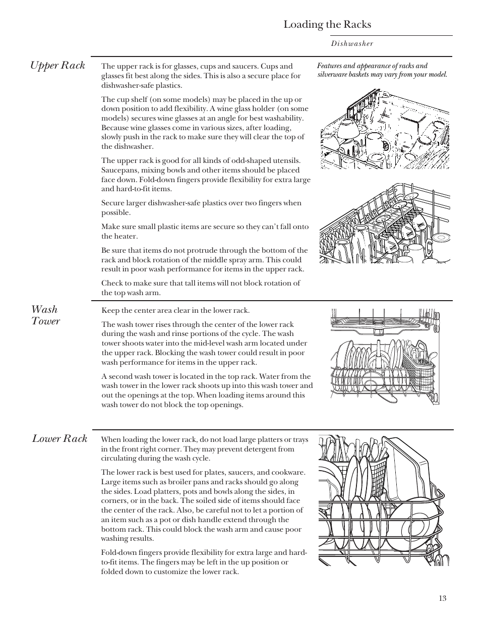 Loading the racks, Loading the racks , 14, Upper rack | Wash tower, Lower rack | GE Monogram ZBD4200 User Manual | Page 13 / 24