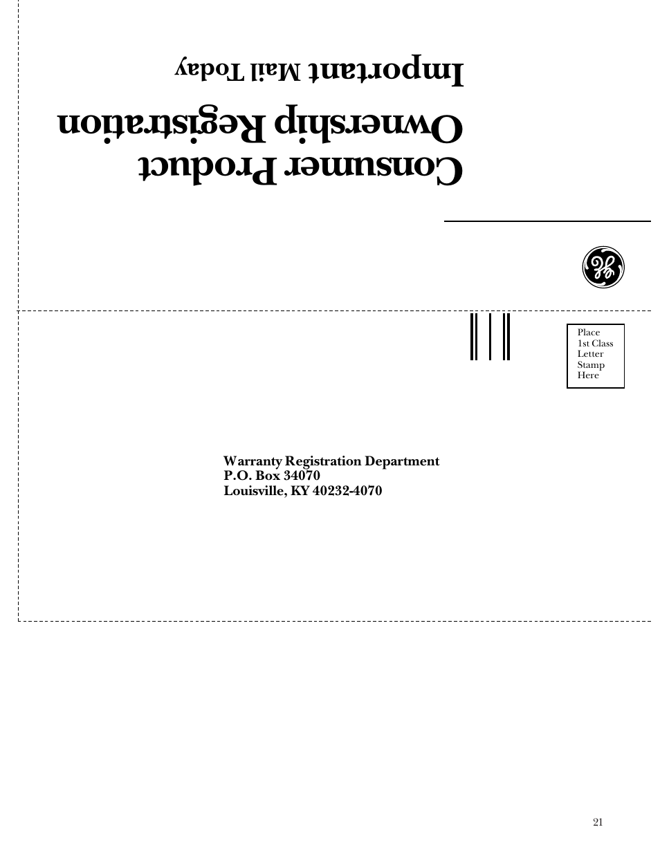 Warranty card, Consumer product ownership registration, Important | Mail t oday | GE Monogram ZBD4200 User Manual | Page 21 / 24