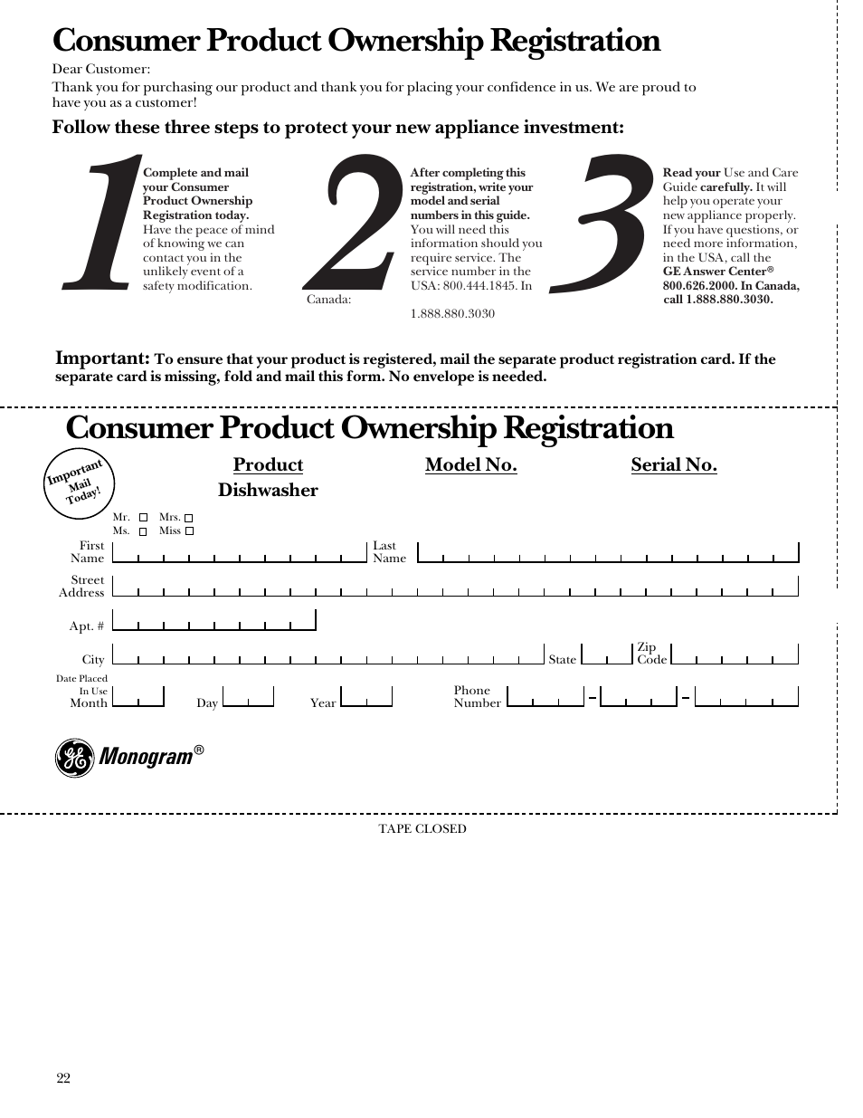 Consumer product ownership registration | GE Monogram ZBD4200 User Manual | Page 22 / 24