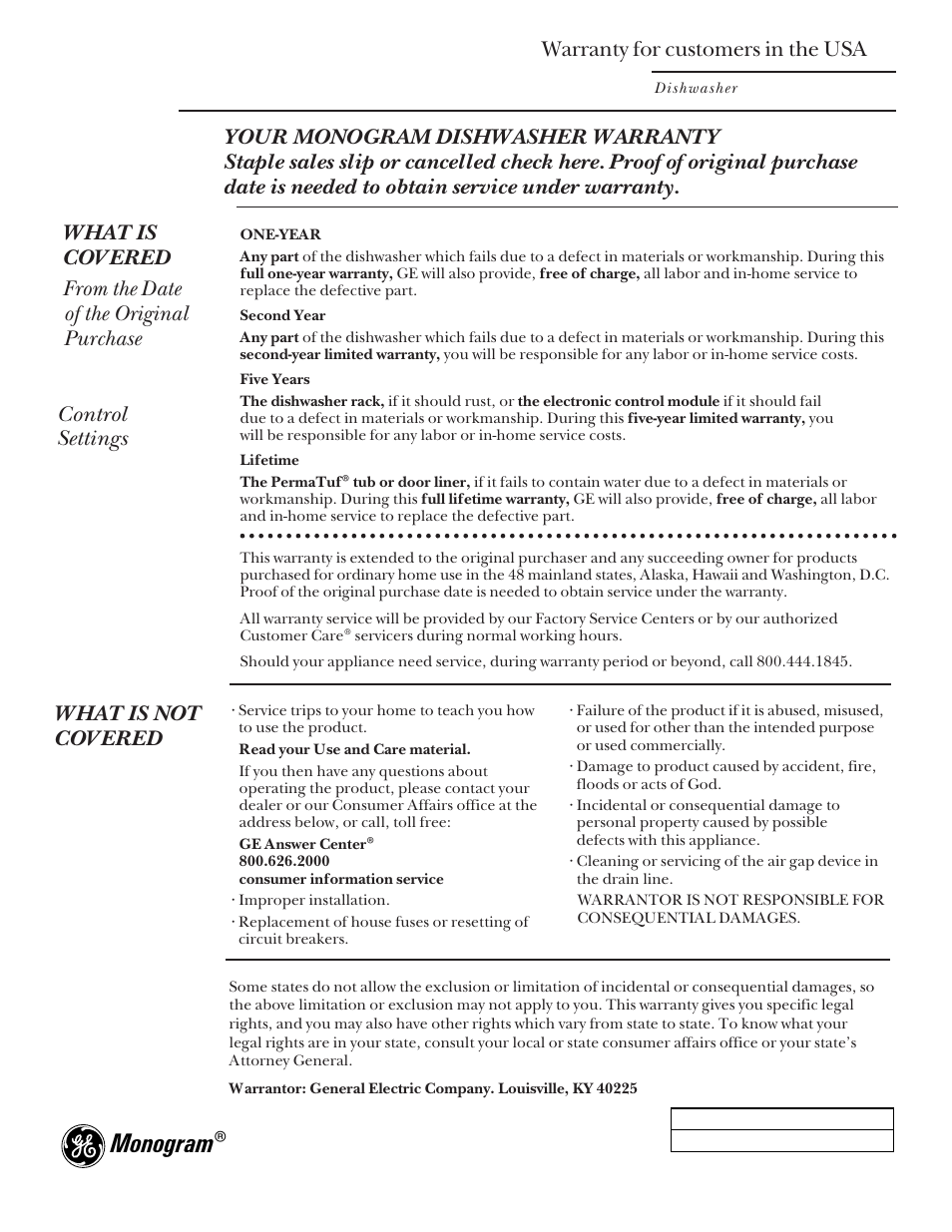 Usa warranty, Monogram, What is not covered | Warranty for customers in the usa | GE Monogram ZBD4200 User Manual | Page 24 / 24