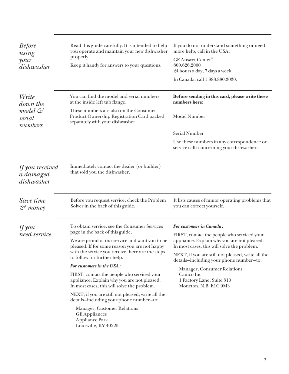 Appliance registration, Consumer services, Model and serial number location | Consumer services , 20, Model and serial number location , 7, Before using your dishwasher, Write down the model & serial numbers, If you received a damaged dishwasher, Save time & money, If you need service | GE Monogram ZBD4200 User Manual | Page 3 / 24