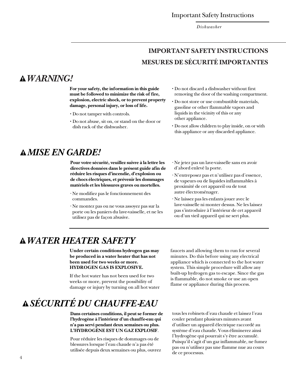 Safety instructions, Safety instructions –6, Warning | Mise en garde, Water heater safety, Sécurité du chauffe-eau, Important safety instructions | GE Monogram ZBD4200 User Manual | Page 4 / 24