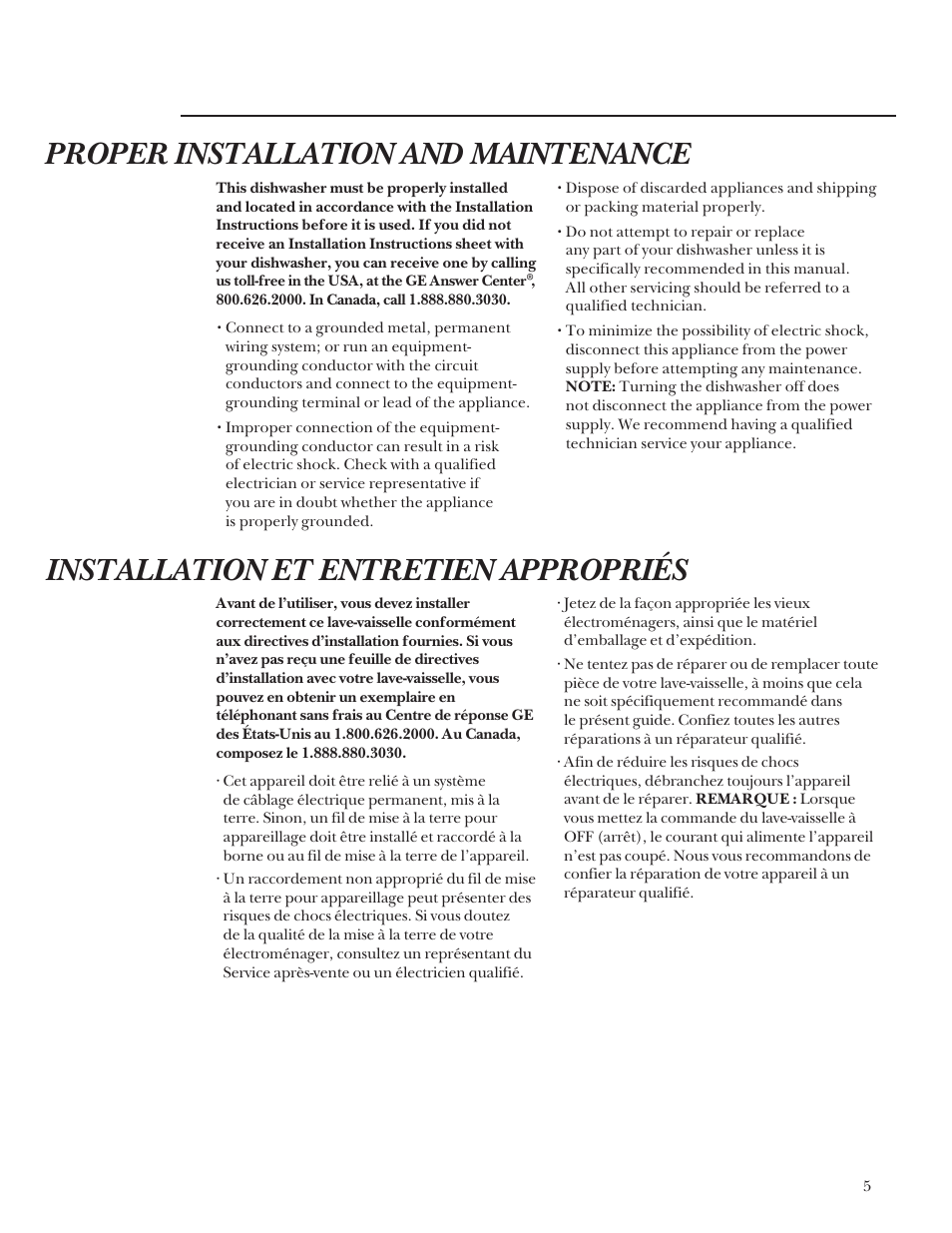 Proper installation and maintenance, Installation et entretien appropriés | GE Monogram ZBD4200 User Manual | Page 5 / 24