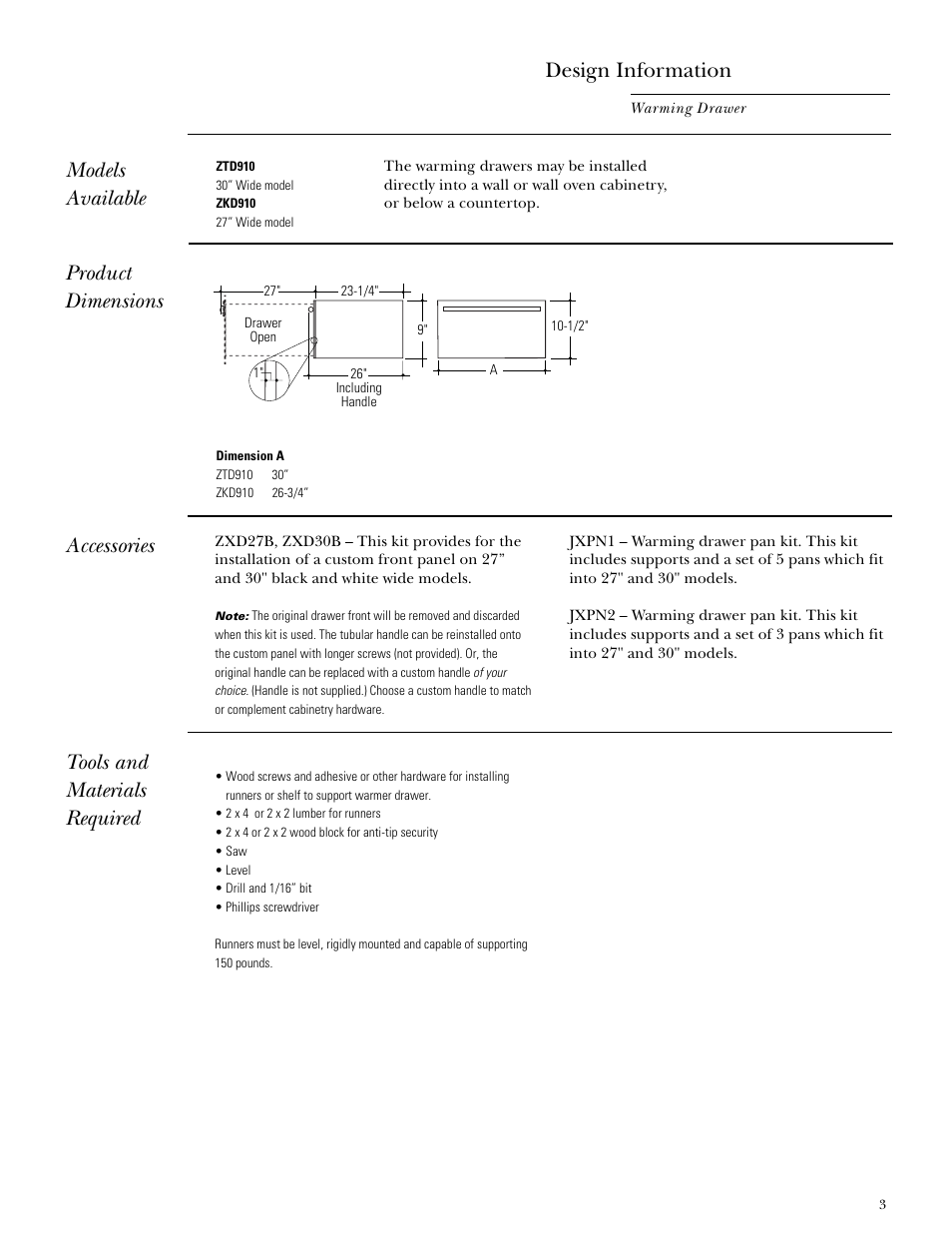 Design information, Models available, Product dimensions | Accessories, Tools and materials required | GE Monogram ZKD910  I User Manual | Page 3 / 8