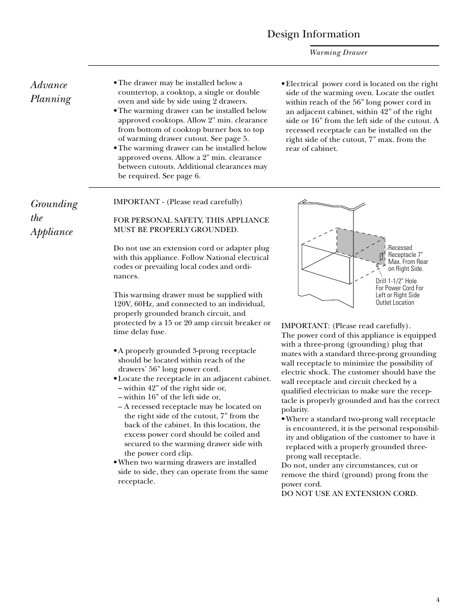 Design information, Advance planning, Grounding the appliance | GE Monogram ZKD910  I User Manual | Page 4 / 8