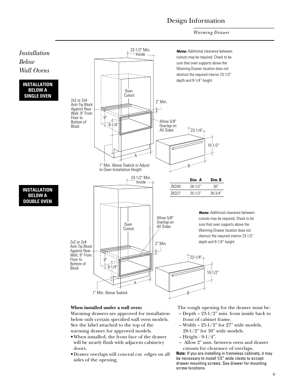 Design information, Installation below wall ovens | GE Monogram ZKD910  I User Manual | Page 6 / 8