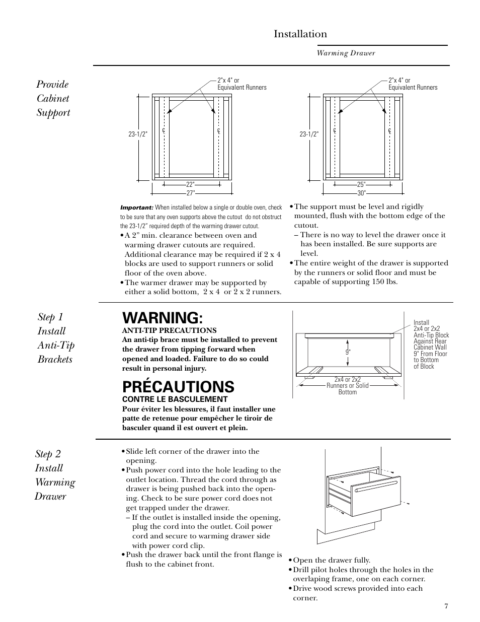 Warning, Précautions, Installation | Step 2 install warming drawer | GE Monogram ZKD910  I User Manual | Page 7 / 8