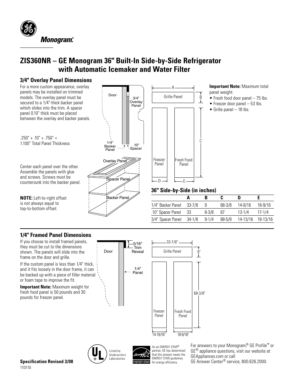 3/4" overlay panel dimensions, 36" side-by-side (in inches), 1/4" framed panel dimensions | GE Monogram ZIS360NR User Manual | Page 3 / 6