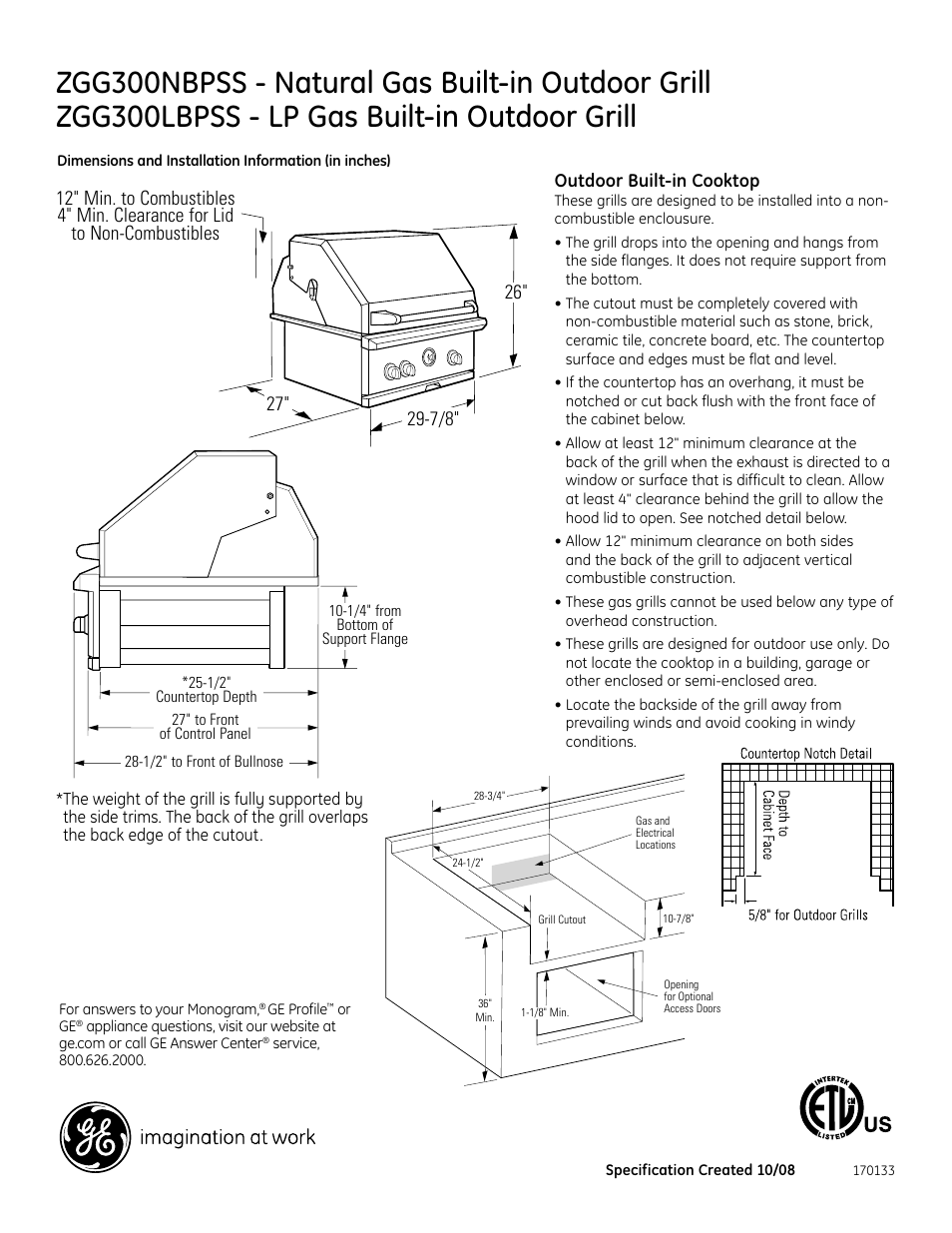 GE Monogram ZGG300LBPSS User Manual | 2 pages