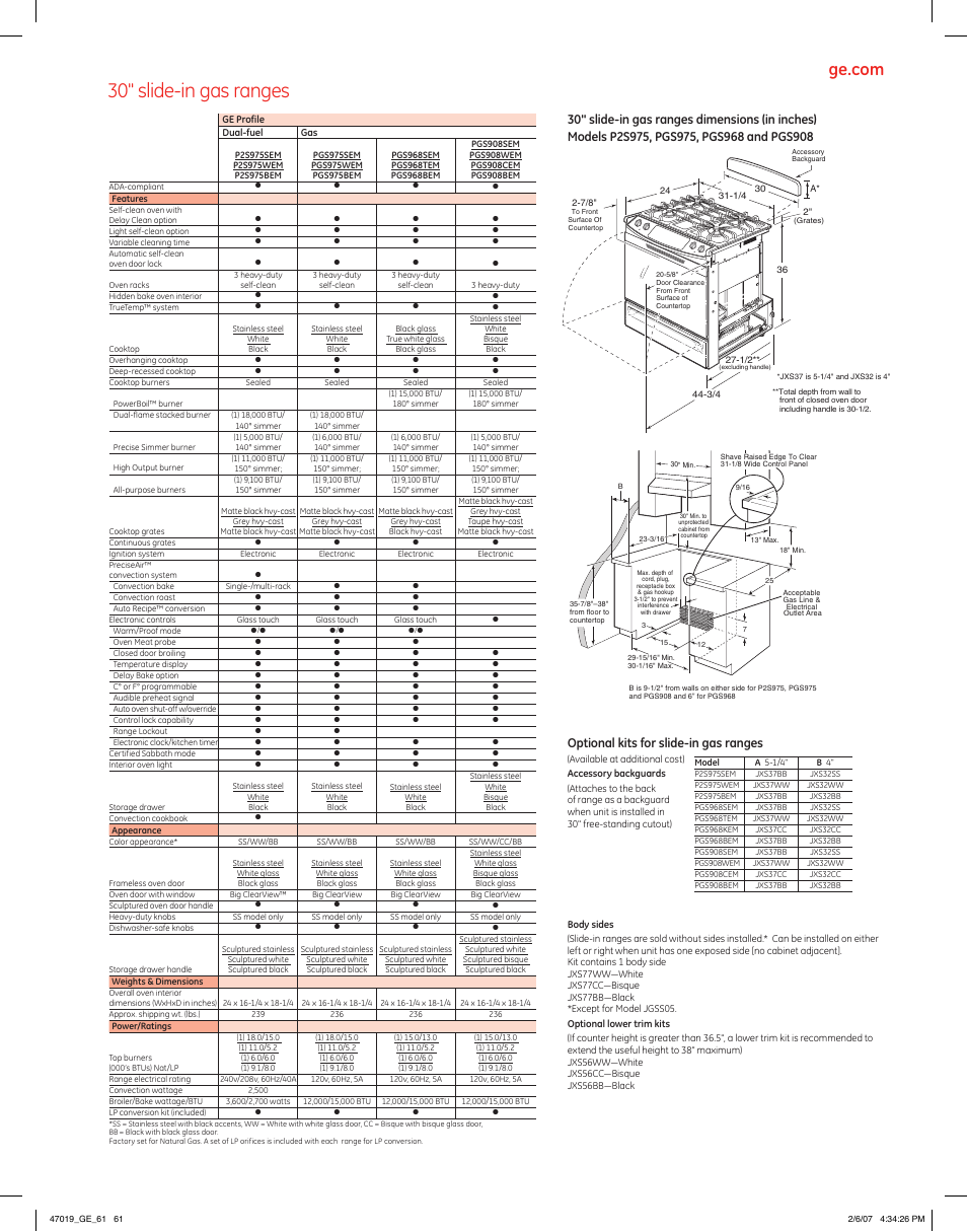 Specifications & installation, 30" slide-in gas ranges, Optional kits for slide-in gas ranges | GE Monogram PGS975 User Manual | Page 11 / 11