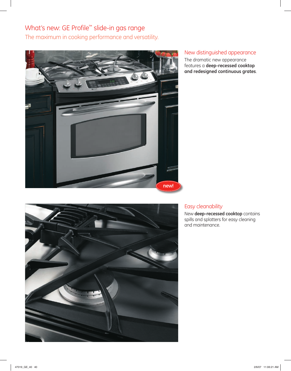 What’s new: ge profile, Slide-in gas range, The maximum in cooking performance and versatility | GE Monogram PGS975 User Manual | Page 2 / 11