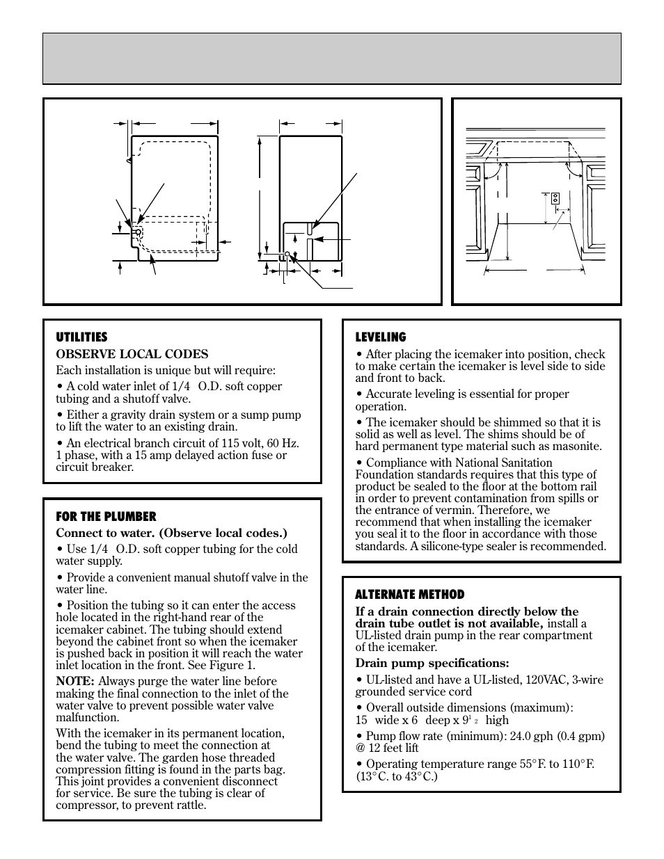 Installation instructions, Utilities, For the plumber | Leveling, Alternate method | GE Monogram ZDIW50 User Manual | Page 17 / 44