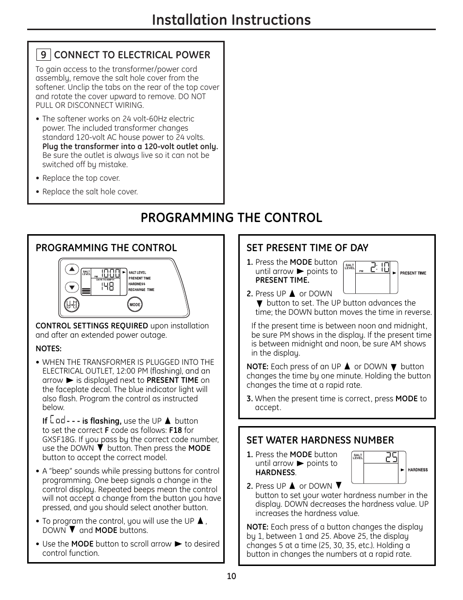 Installation instructions, Programming the control, Connect to electrical power | Set present time of day, Set water hardness number | GE Monogram GXSF18G User Manual | Page 10 / 64