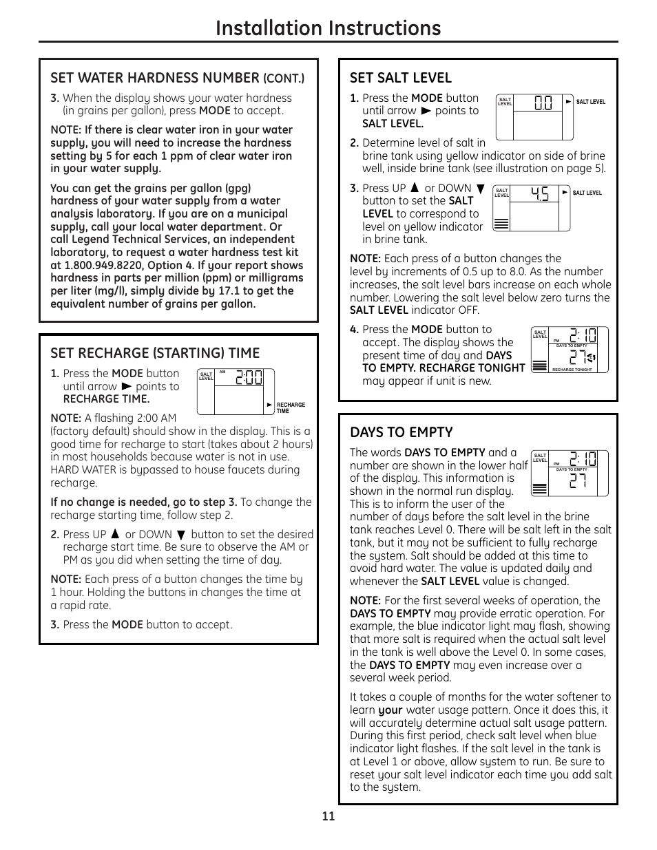 Installation instructions, Set water hardness number, Set recharge (starting) time | Set salt level, Days to empty, Cont.) | GE Monogram GXSF18G User Manual | Page 11 / 64