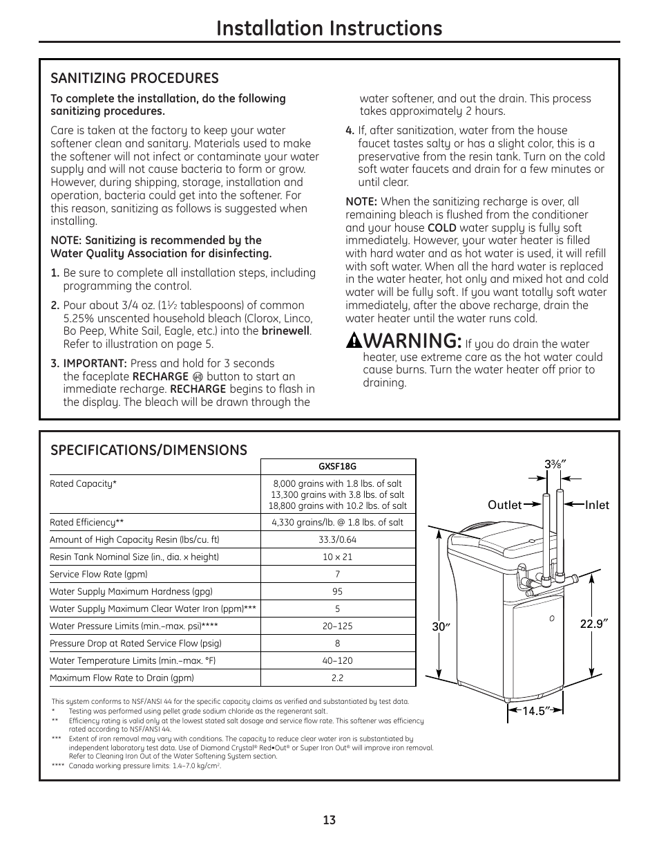 Installation instructions, Warning, Specifications/dimensions | Sanitizing procedures | GE Monogram GXSF18G User Manual | Page 13 / 64