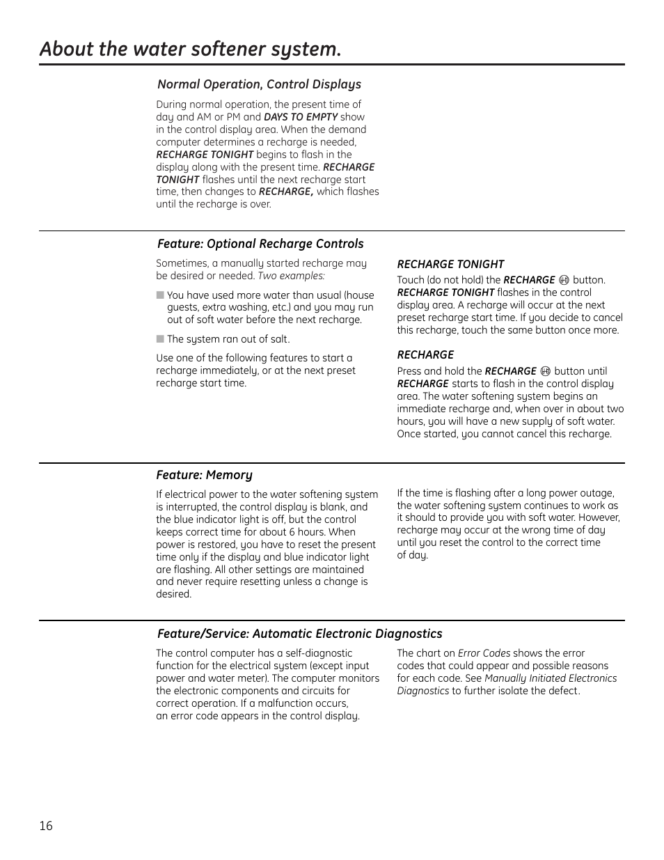 Features, About the water softener system | GE Monogram GXSF18G User Manual | Page 16 / 64