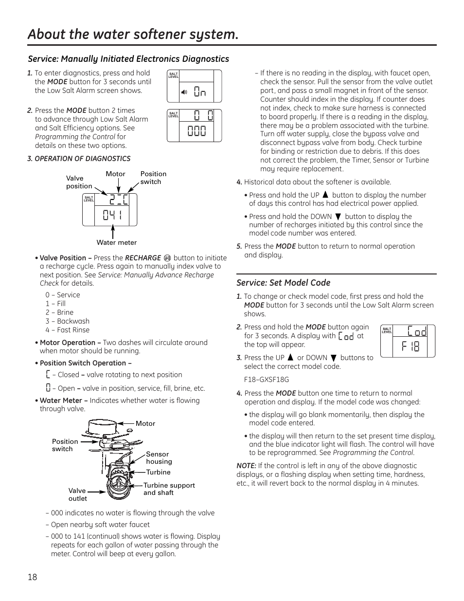 About the water softener system, Service: set model code | GE Monogram GXSF18G User Manual | Page 18 / 64