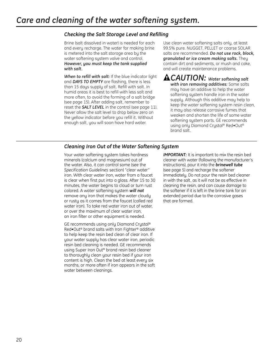 Care and cleaning, Care and cleaning of the water softening system, Caution | GE Monogram GXSF18G User Manual | Page 20 / 64