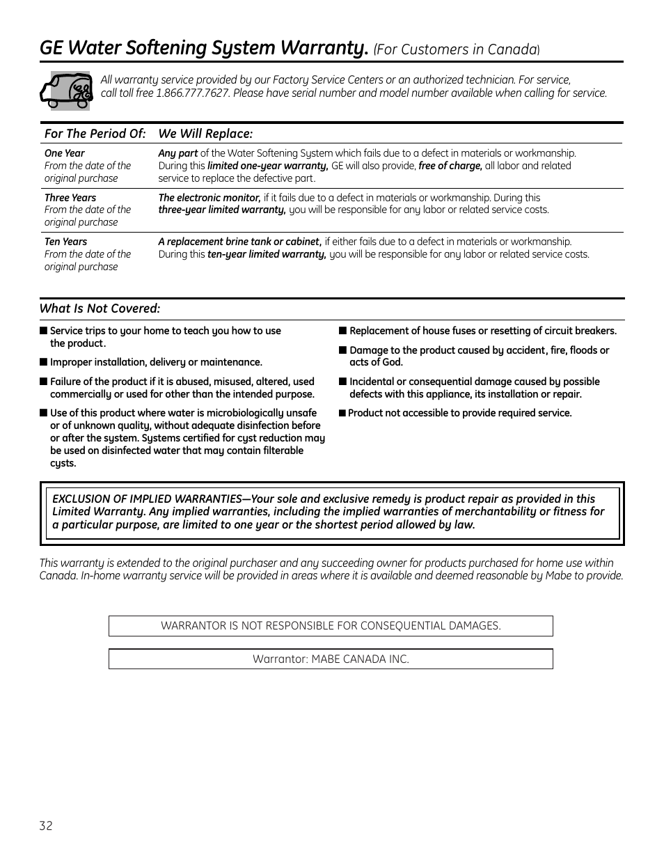 Warranty (canada), Ge water softening system warranty, For customers in canada | GE Monogram GXSF18G User Manual | Page 32 / 64