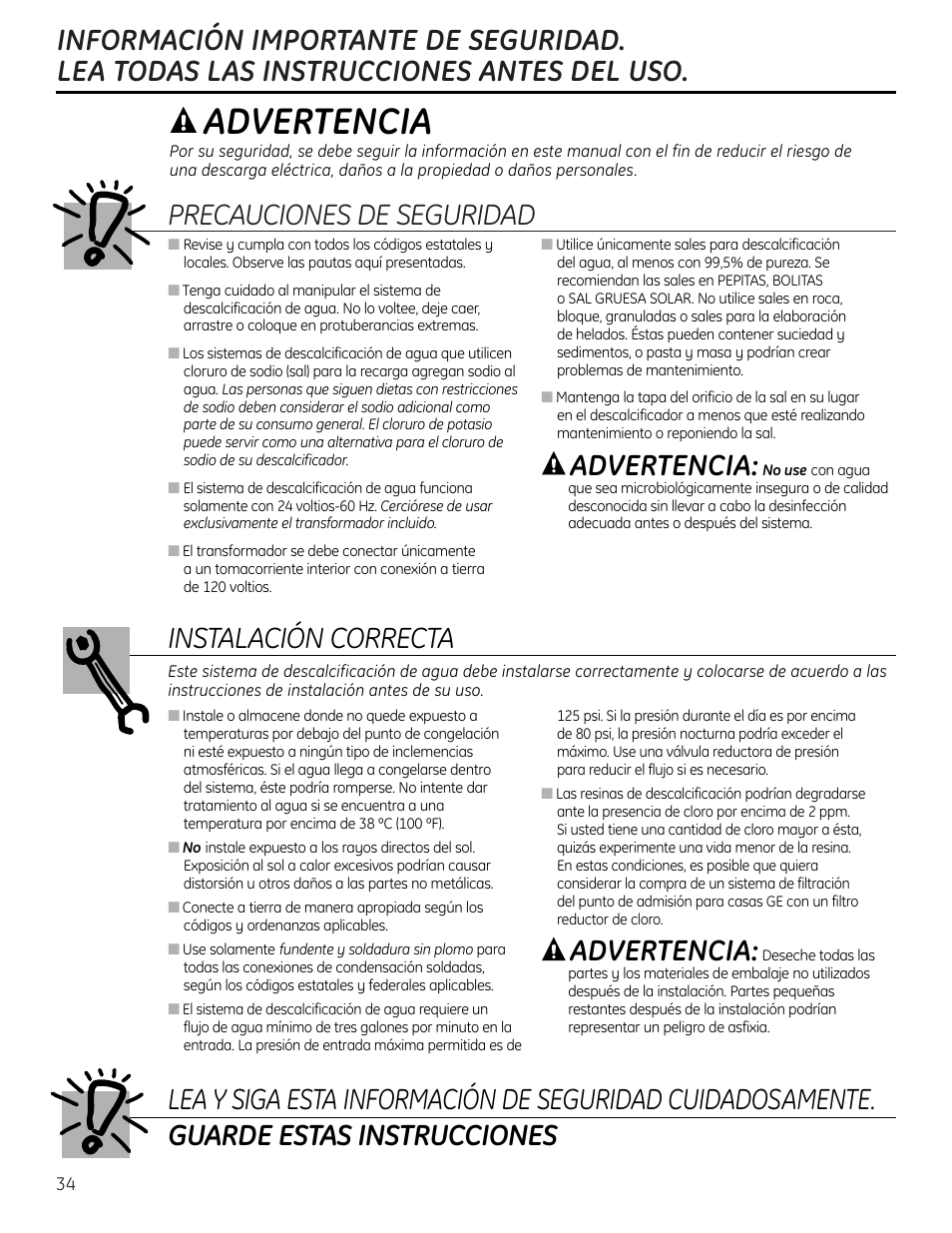 Información de seguridad, Advertencia | GE Monogram GXSF18G User Manual | Page 34 / 64