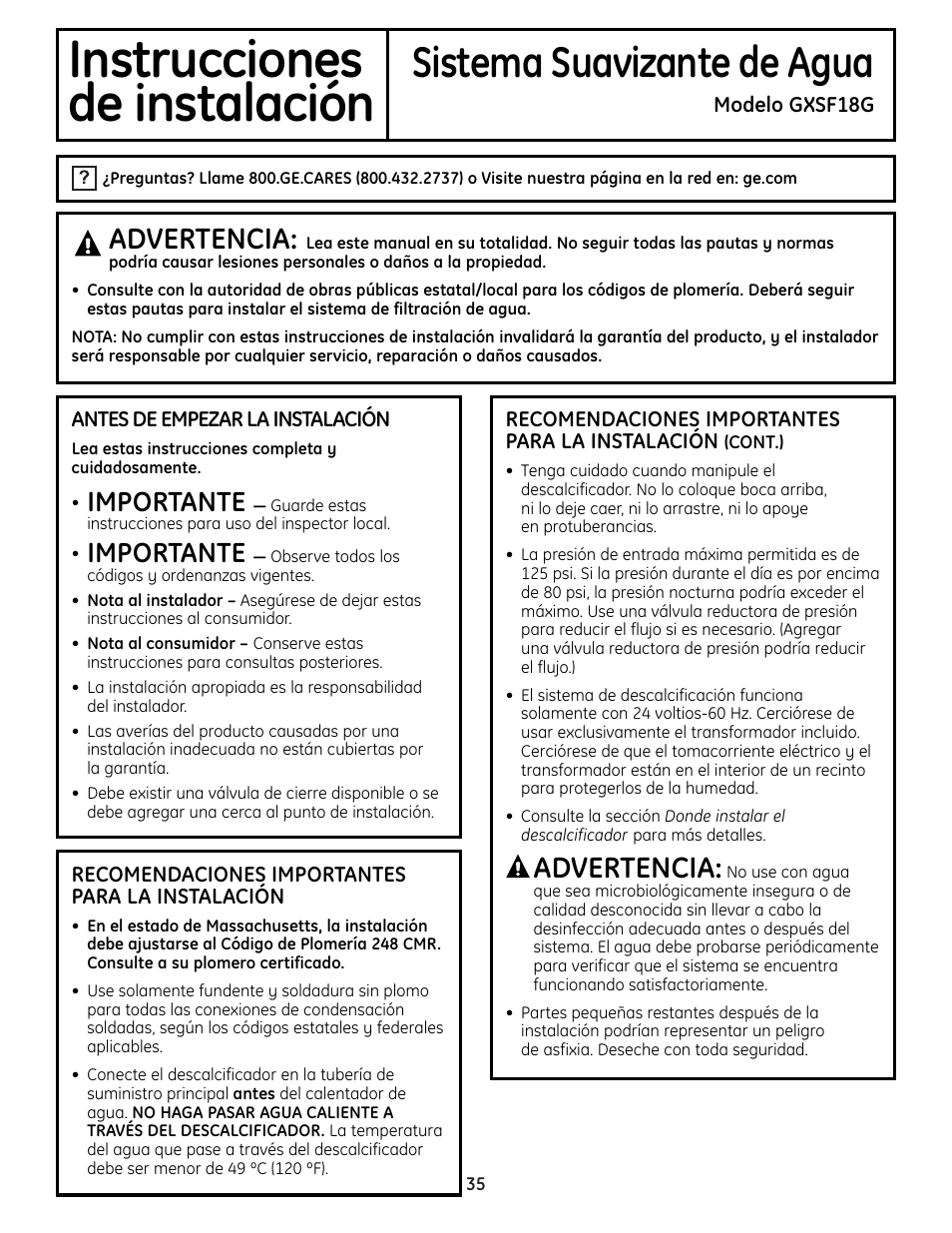 Instrucciones de instalación, Instrucciones, De instalación | Sistema suavizante de agua, Advertencia, Importante | GE Monogram GXSF18G User Manual | Page 35 / 64