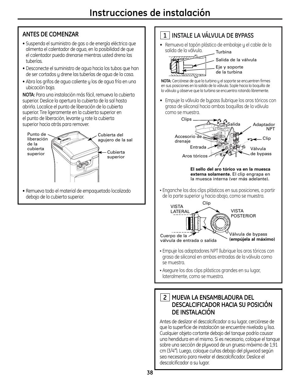 Instrucciones paso por paso, Instrucciones de instalación, Instale la válvula de bypass | Antes de comenzar | GE Monogram GXSF18G User Manual | Page 38 / 64