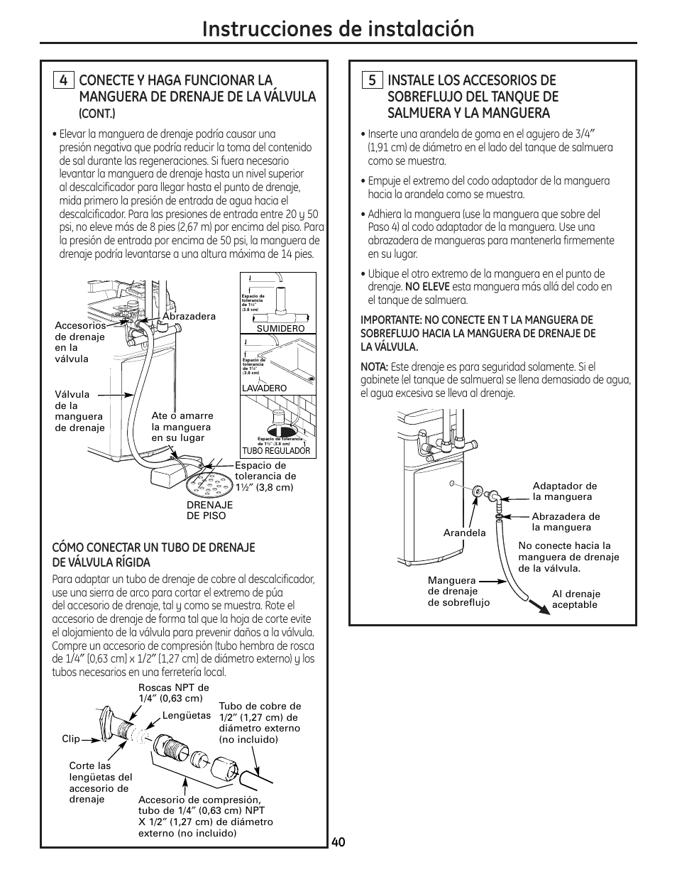 Instrucciones de instalación, Cont.), Cómo conectar un tubo de drenaje de válvula rígida | GE Monogram GXSF18G User Manual | Page 40 / 64
