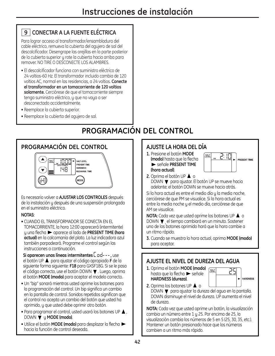 Instrucciones de instalación, Programación del control, Conectar a la fuente eléctrica | Ajuste la hora del día, Ajuste el nivel de dureza del agua | GE Monogram GXSF18G User Manual | Page 42 / 64