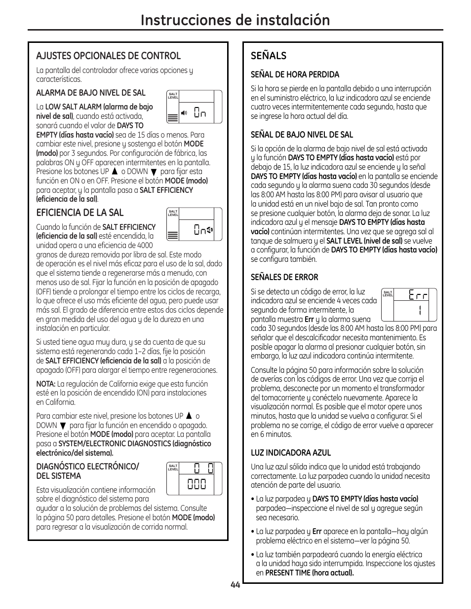 Instrucciones de instalación, Ajustes opcionales de control, Eficiencia de la sal | Señals | GE Monogram GXSF18G User Manual | Page 44 / 64