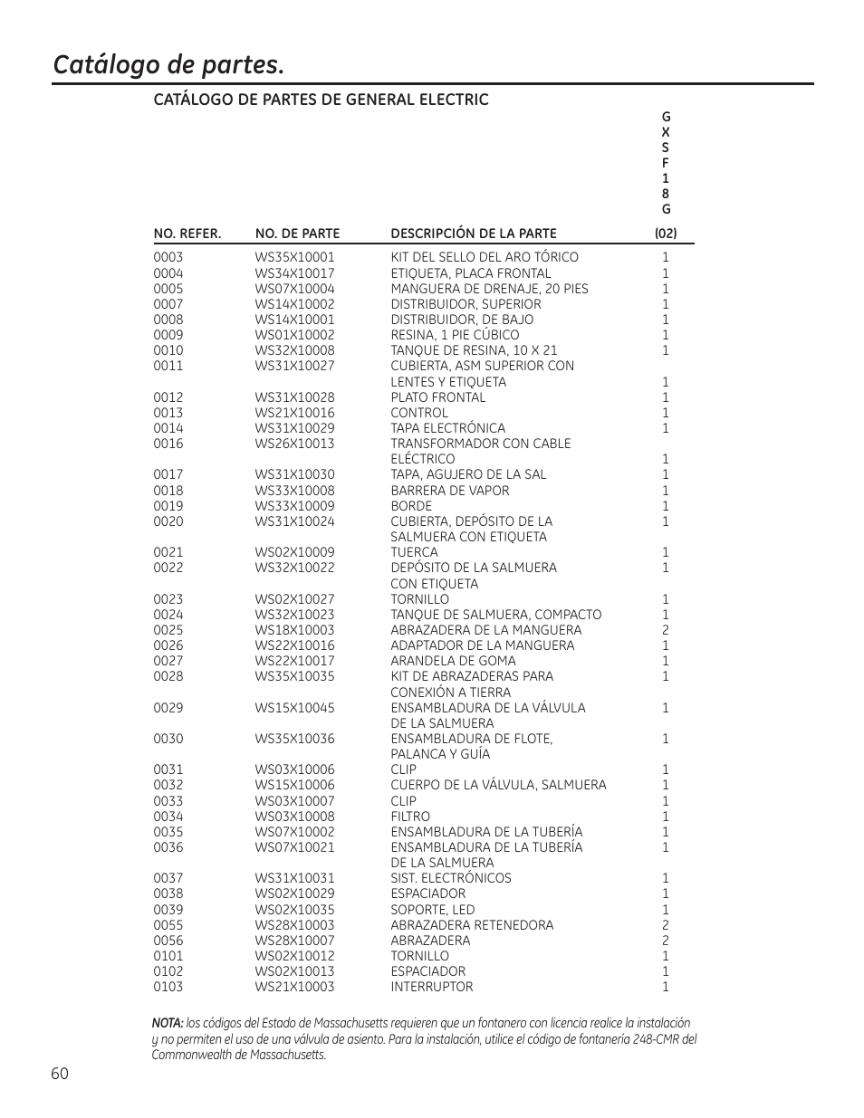 Catálogo de partes | GE Monogram GXSF18G User Manual | Page 60 / 64